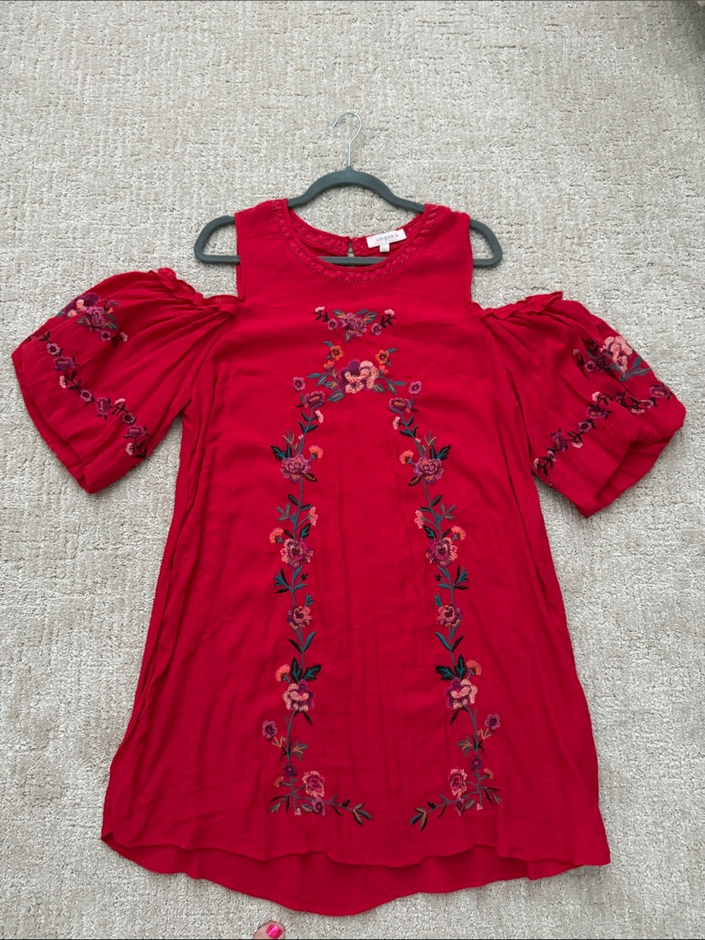 Umgee Bright Red Cold-Shoulder Embroidered Floral Dress